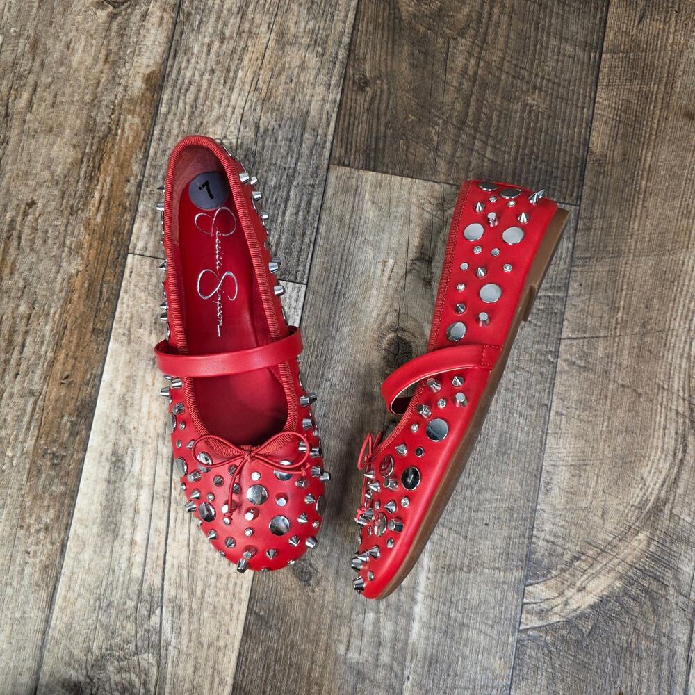 Jessica Simpson Red Studded Mary Jane Flats Size 7 Indie Sleaze - Picture 2 of 8